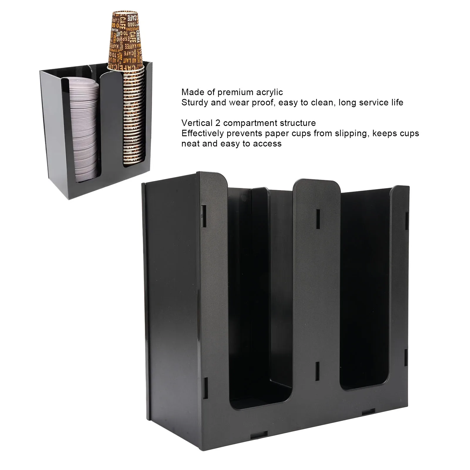 Paper Cup Dispenser Acrylic Coffee Cup Storage Organizer Holder with 2 Compartments for Countertop Kitchen Coffee Shop