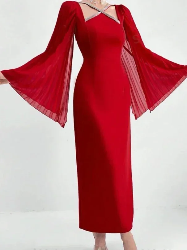 

Customized Classic Exquisite High Quality Jersey Criss-Cross Sequined Straight Square Neck Midi Dresses Formal Evening Dress
