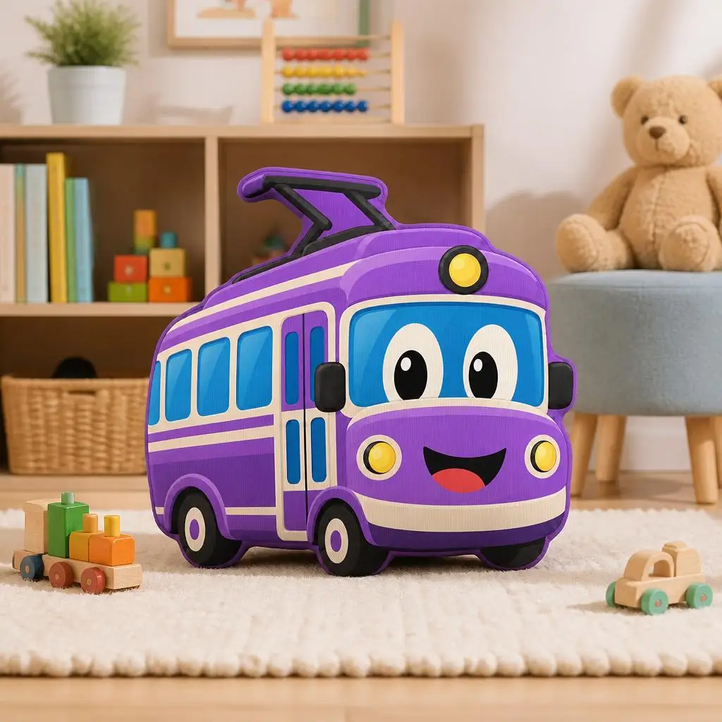 Purple Trolley Bus Shaped Pillow Cute Cartoon Vehicle Cushion Stuffed Throw Pillow for Kids Bedroom Sofa Home Decor Gift