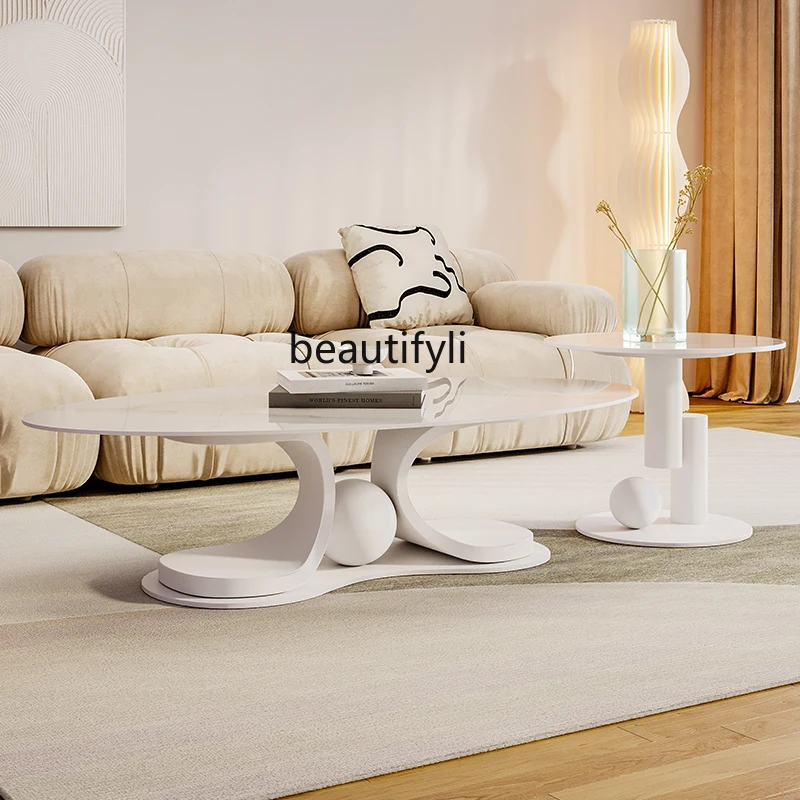 Cream Style Tea Table Combination Simple Modern Nordic Designer Special-Shaped Light Luxury Stone Plate Tea Table Silent Style