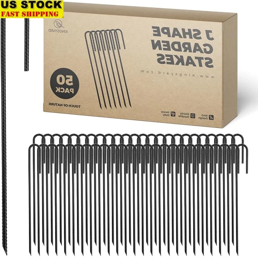 

50 Pack 12 Inch Galvanized Steel Garden Stakes Heavy Duty J Shape Hook Outdoor Rebar Stakes Tent Dog Fence Stability