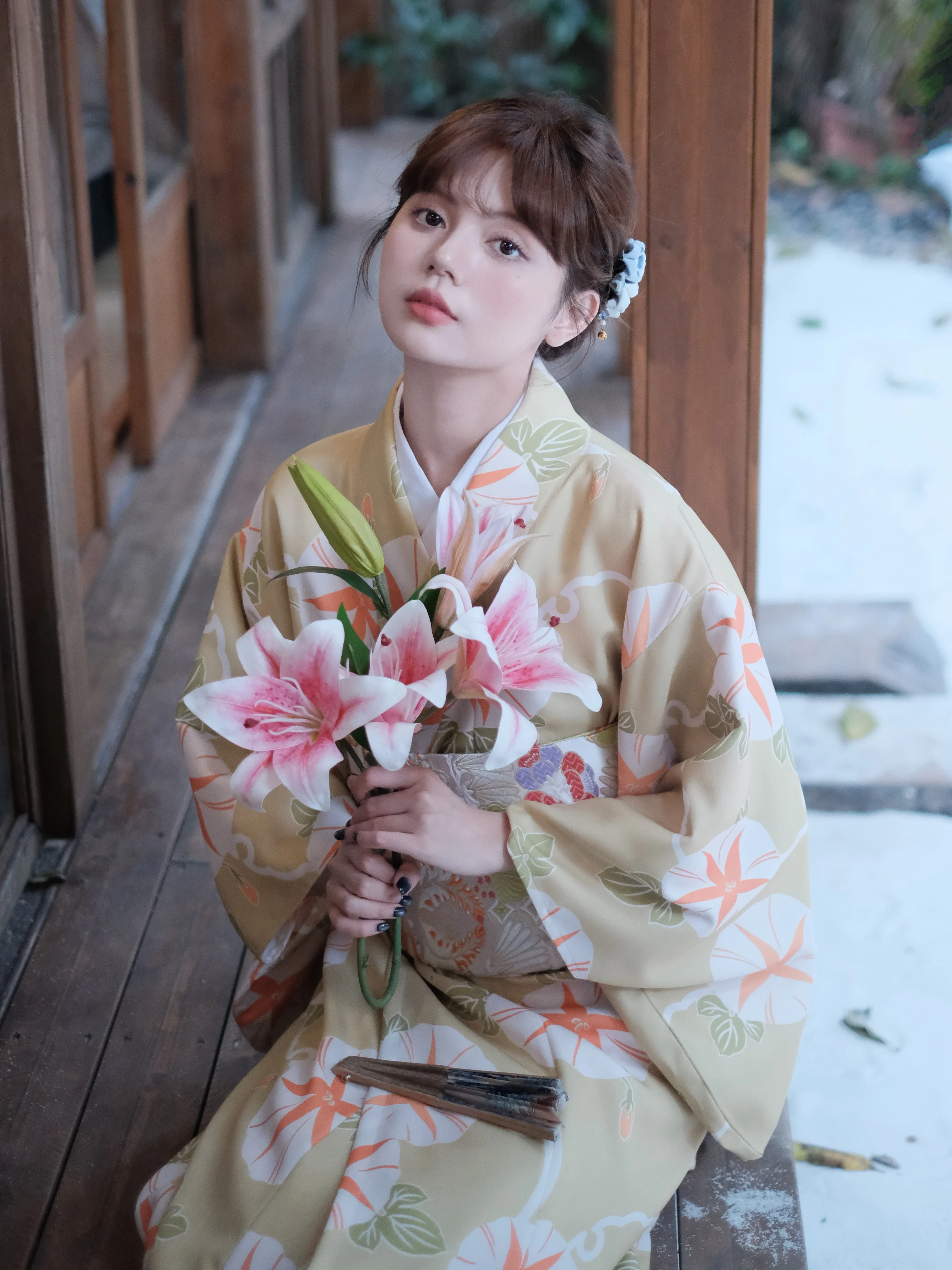 

Trumpet Flower Prints Cute Women Japanese Kimono Formal Modified Yukata Cosplay Costume Vintage Style Photography Dress