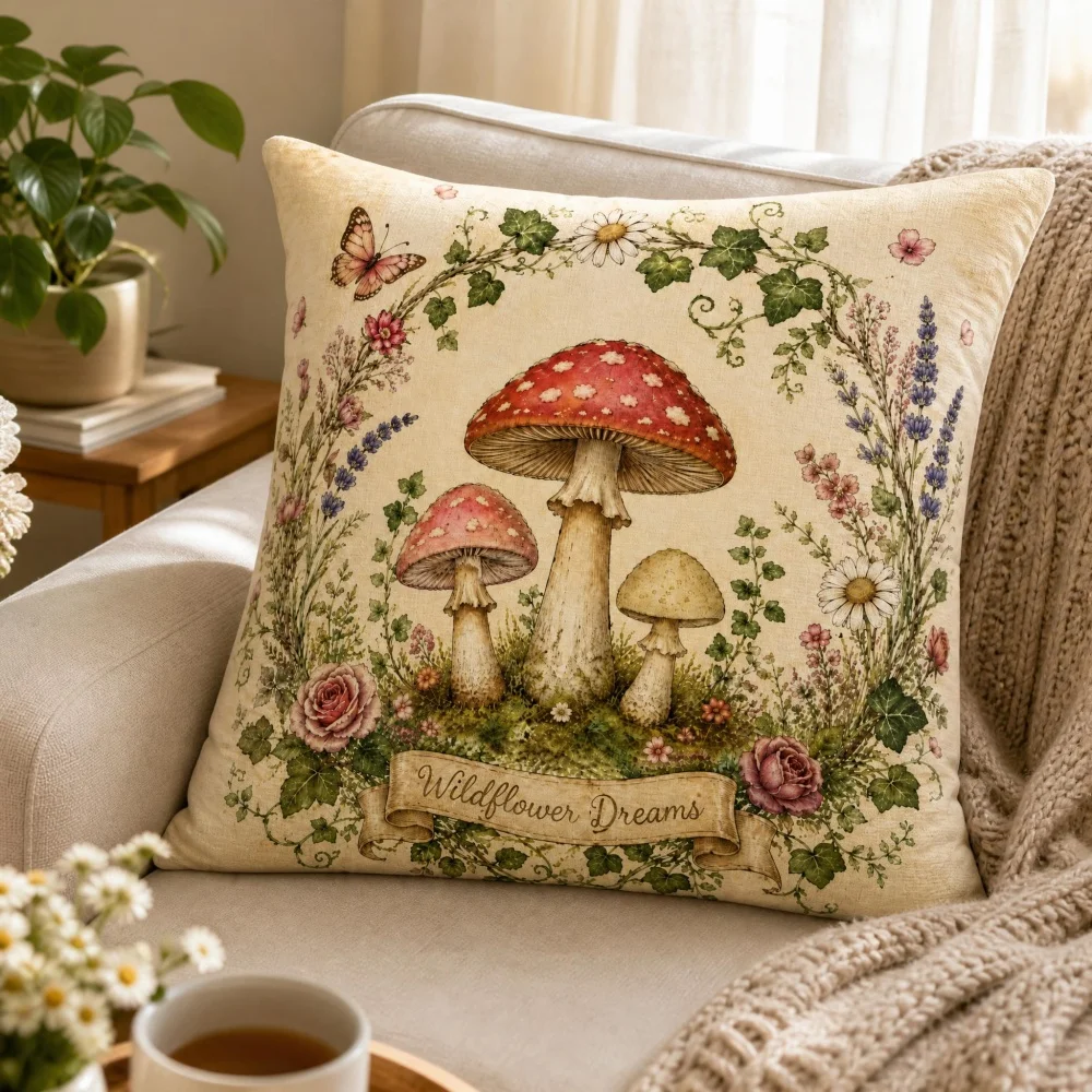 Vintage Wildflower Butterfly Square Throw Pillow Country Cottage Wildflower Dreams Linen Decorative Cushion for Sofa Home Decor