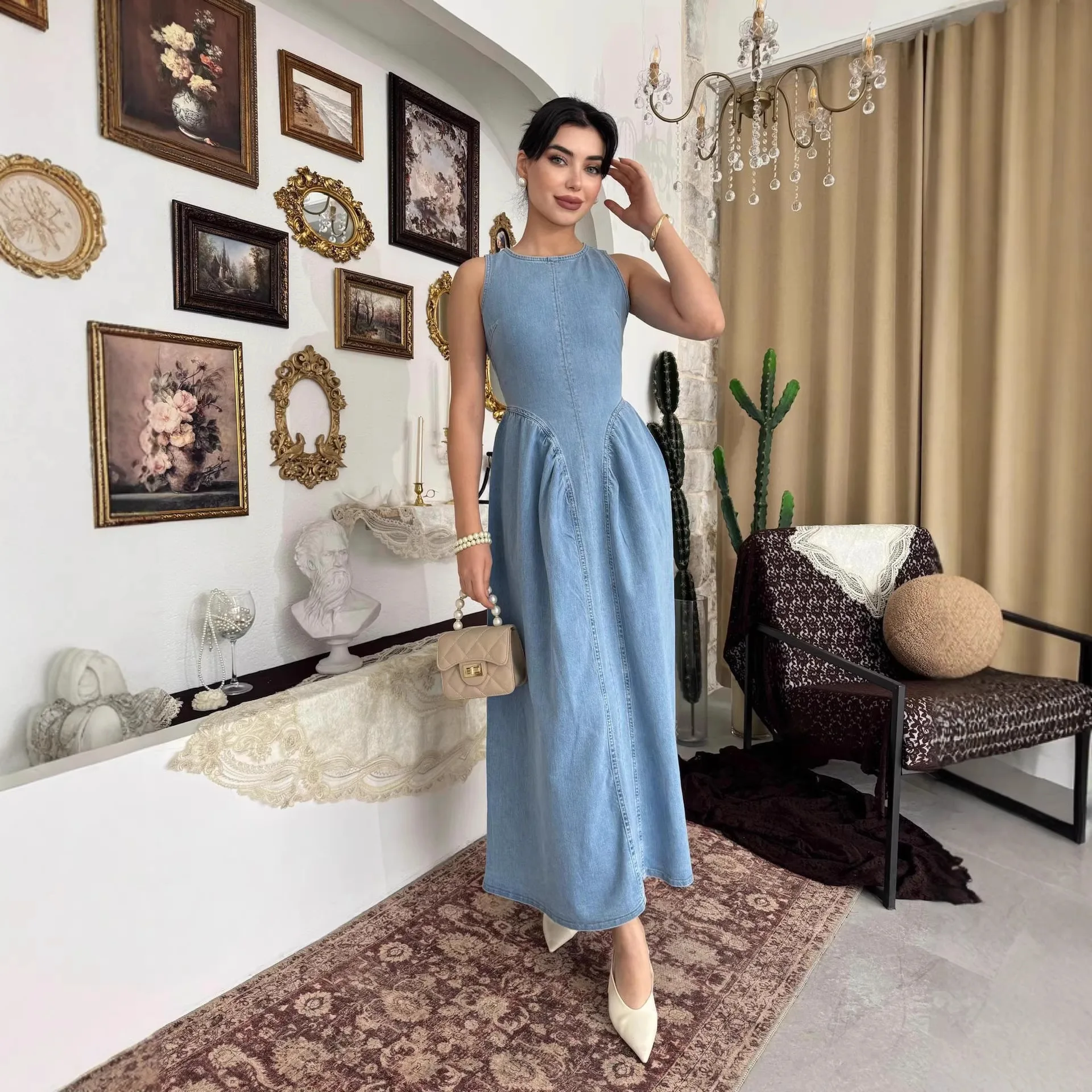 Summer Women Sleeveless Backless Denim Dress Elegant Slim Fit Bodycon Jumpsuit Playsuit