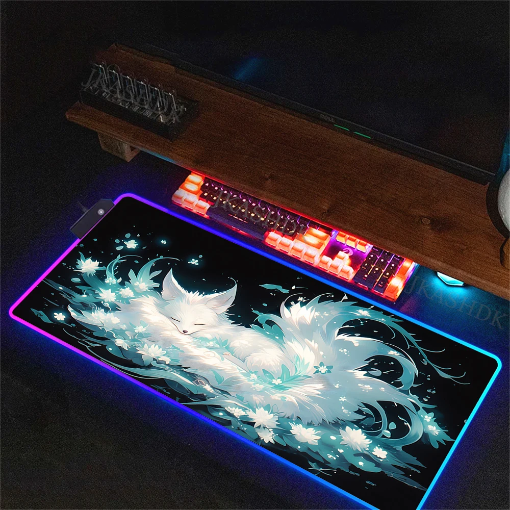 RGB Mousepad Pc Computer Accessories LED Backlight Desk Mat Lock Edge Deskmat Anime Kawaii Fox Large Keyboard Gaming Mouse Pad