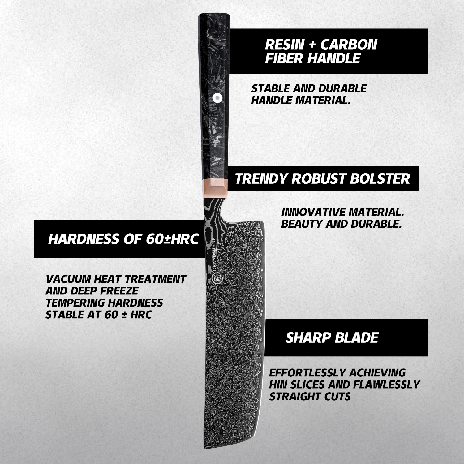 Cuchillo Grandsharp Nakiri de 6,7 ", cuchillo de cocina de Chef de acero damasco de 67 capas, refuerzo de cobre con núcleo 10CR15COMOV + mango de fibra de carbono