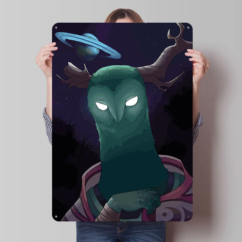 Cosmic Owl Creature With Antlers Metal Poster Custom Wall Art Retro Vintage Tinplate Signs for Man Cave Decoration Bedroom House
