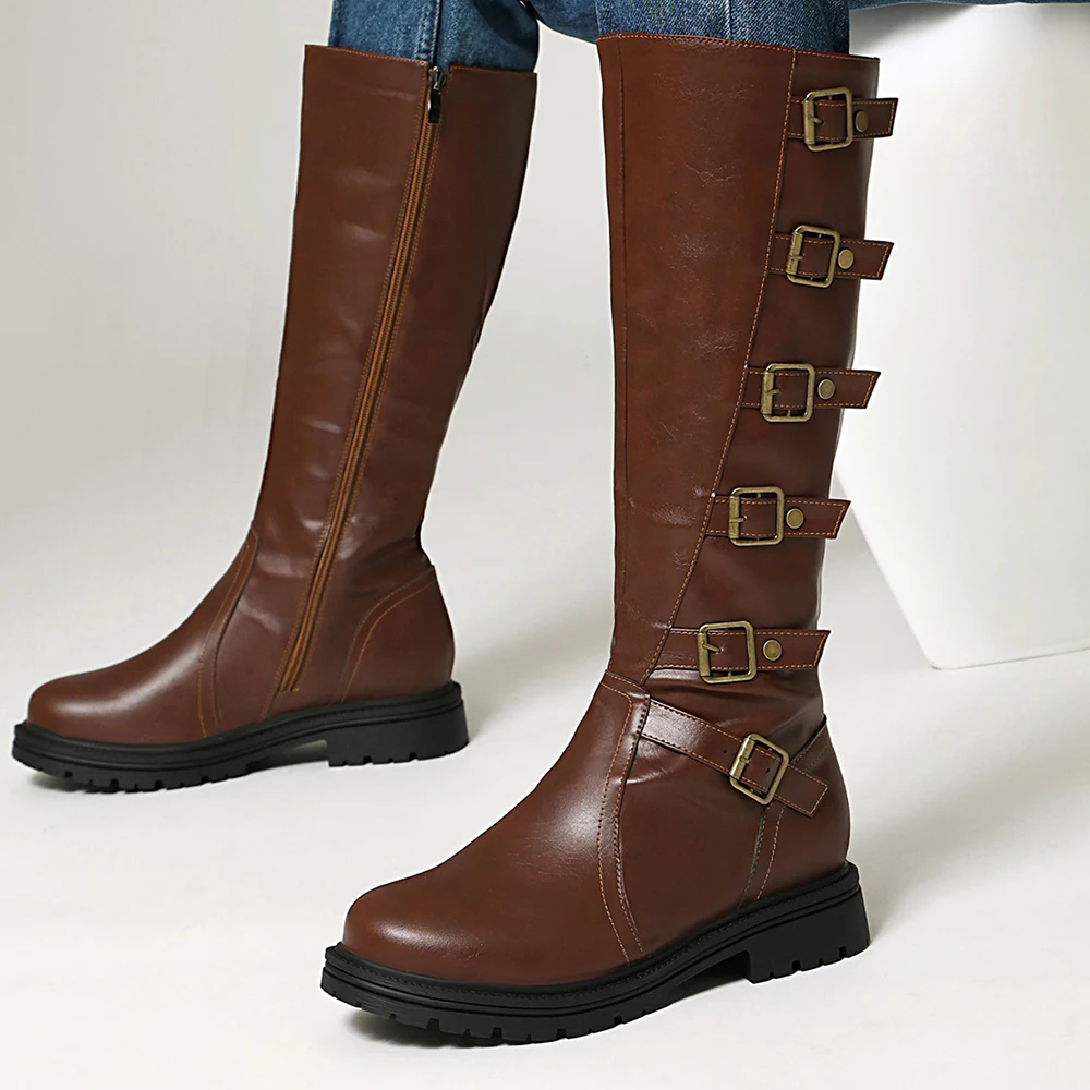Metal Buckle Round Toe Knee High Boots Women Brown PU Leather Punk Long Boot Woman Autumn Chunky Heels Motorcycle Tall Boots