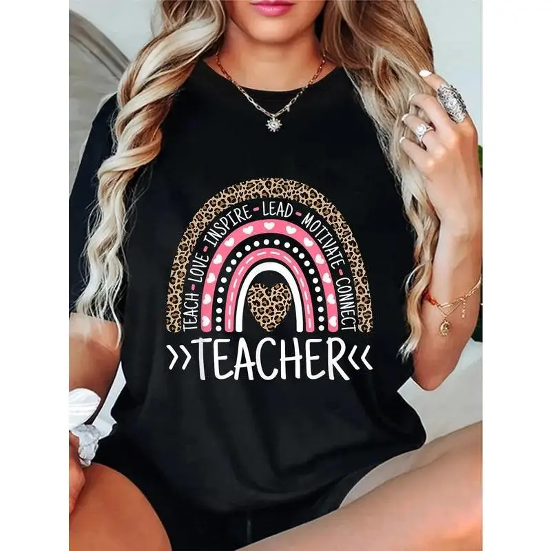 

Women's Teacher Rainbow Leopard Print T-Shirt Short Sleeve Crew Neck Top Back to School Appreciation Gift Casual Loose Fit Tee