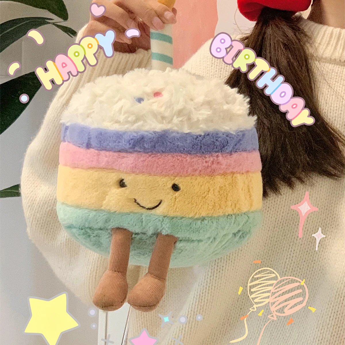 Cartoon Rainbow Cake Plush Toy Simulation Cake Dessert Food Candle Cake Rainbow Colored Plush Decorate The Room