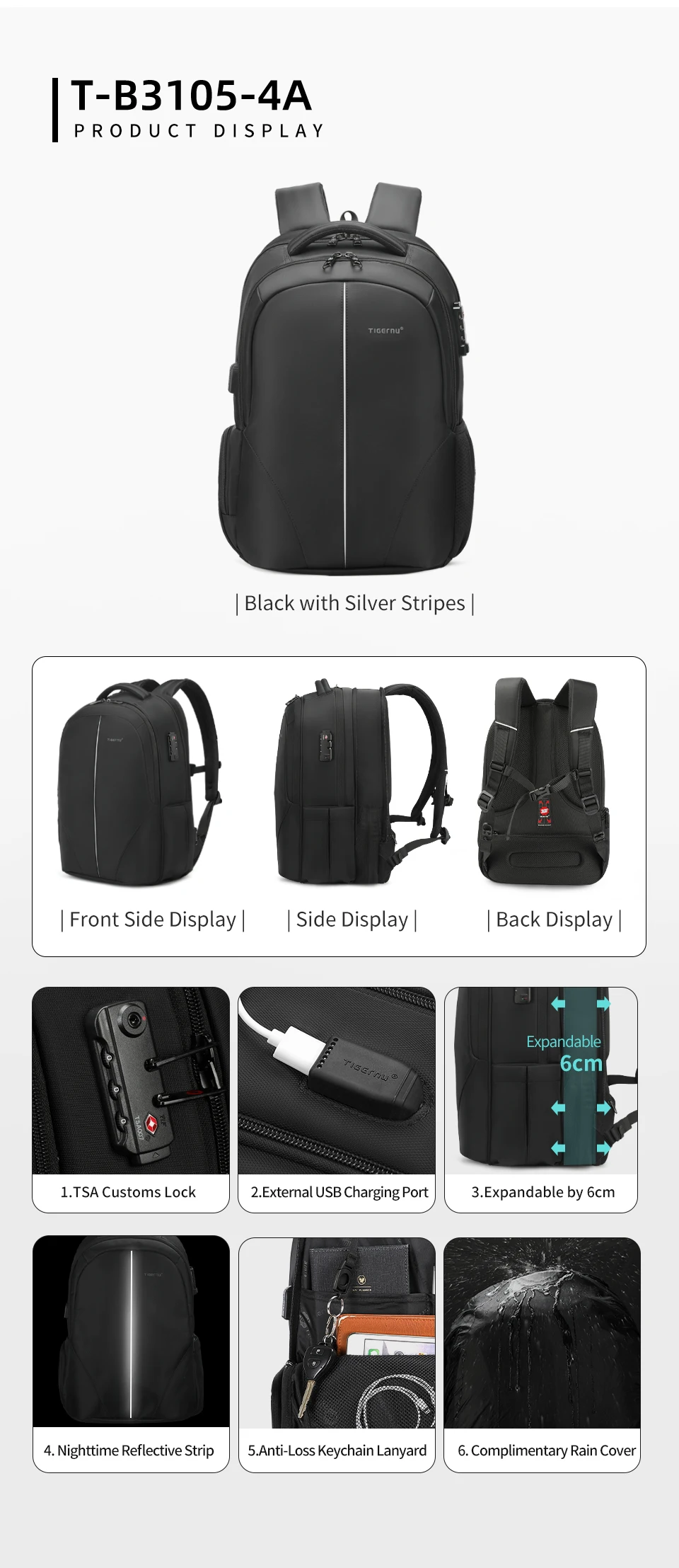 Tigernu Reiserucksäcke 14-15,6-17'' Laptop-Rucksack für Männer TSA Anti-Diebstahl-Rucksack Nylon-Rucksäcke Tasche für Schultasche Rucksack – Detail 13