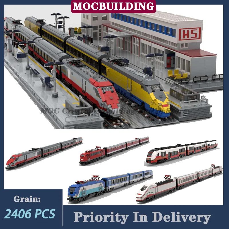 Cidade estação ferroviária modelo bloco de construção moc estação ferroviária série montagem transporte coleção brinquedos presentes