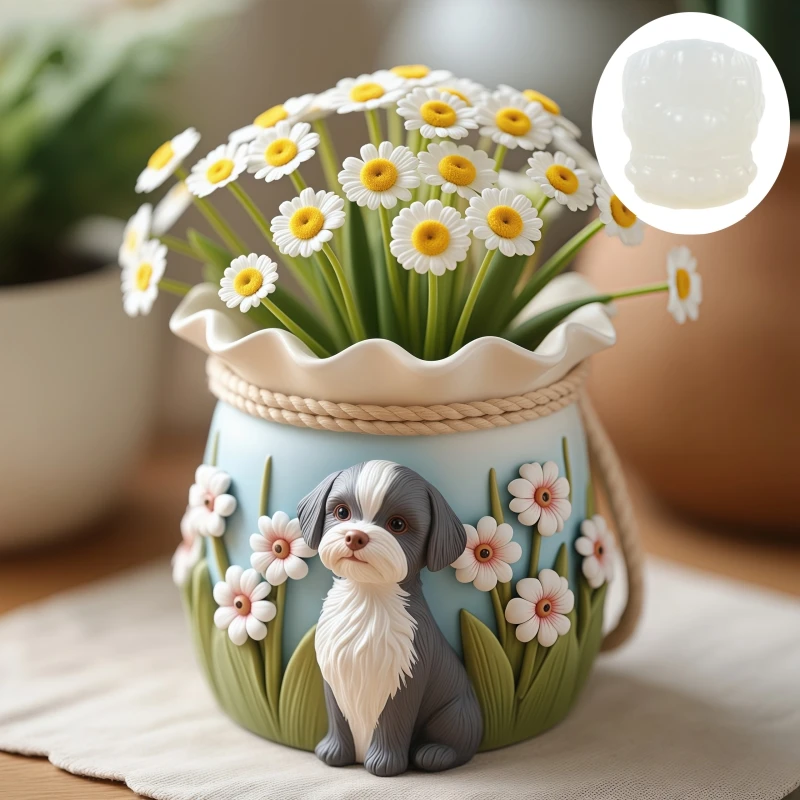 Squatting cute dog flower relief pocket succulent plant flowerpot resin silicone mold sunflower smile dog pen holder molds