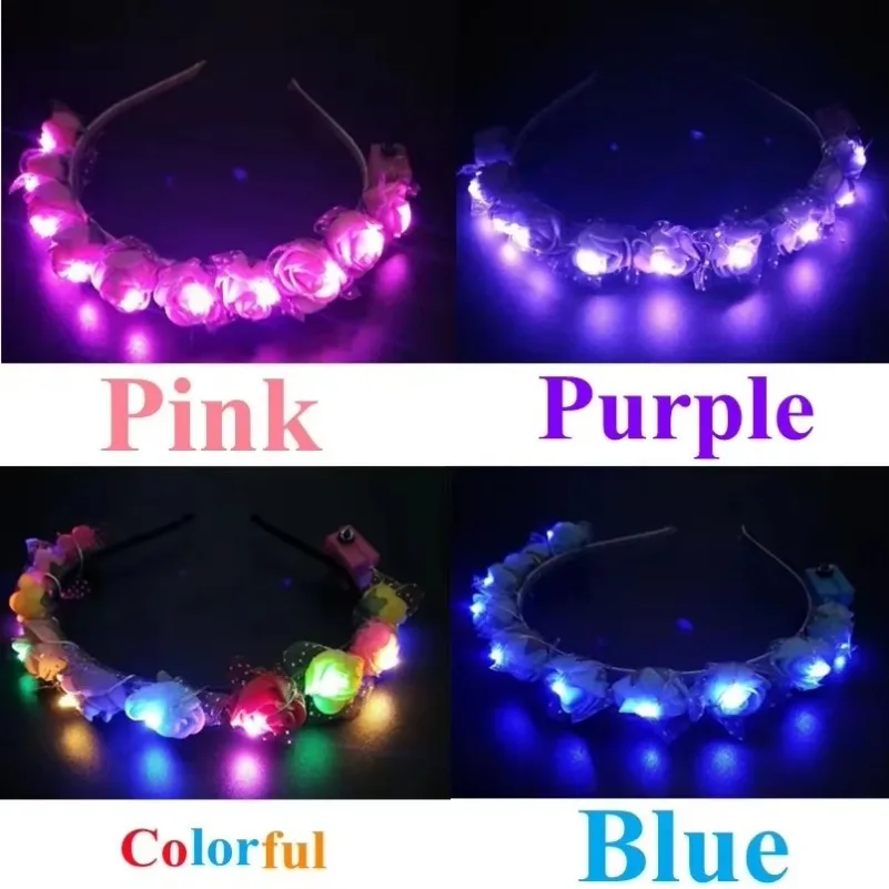 10Pcs LED Girls Glow Light Up Headband Flower Bridal Wreath Crown Neon Bands Party Gift Crown Wedding Luminous Festival Birthday