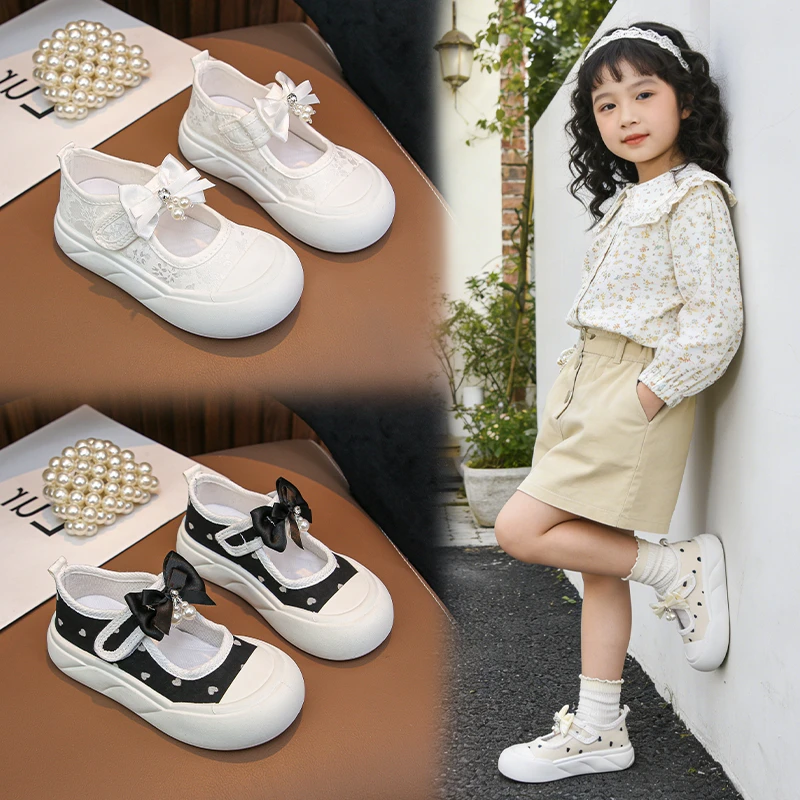 

Детские хлопковые повседневные кеды для девочек с милым бантом, новинка лета 2026, для малышей, школьные, с цветочным принтом, на мягкой подошве, комфортные для игр на улице