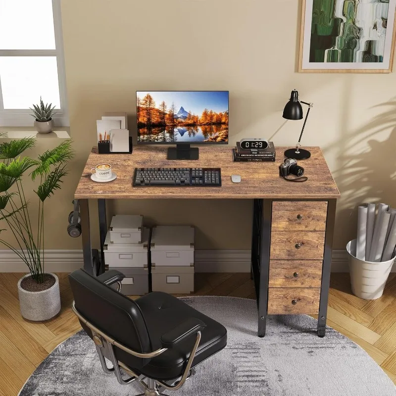 47 inch Computer Desk with 4 Fabric Drawers, Reversible Writing Work Study Desk for Home Office Bedroom , Rustic Brown