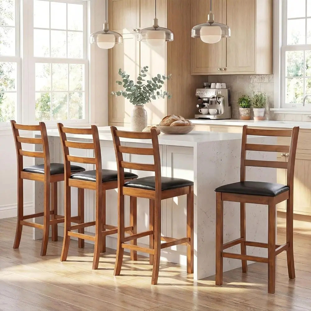 

Set of 4 Modern Ladder Back Bar Stools with PU Leather Seats and Rubber Wood Legs, 24 High, Walnut Finish