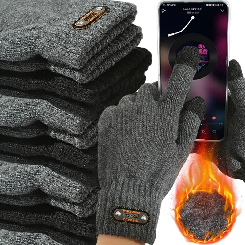 Guantes de punto con pantalla táctil de invierno para hombre, guantes térmicos gruesos y cálidos para mensajes de texto, para uso en tableta y teléfono inteligente, guantes de algodón cálidos para exteriores