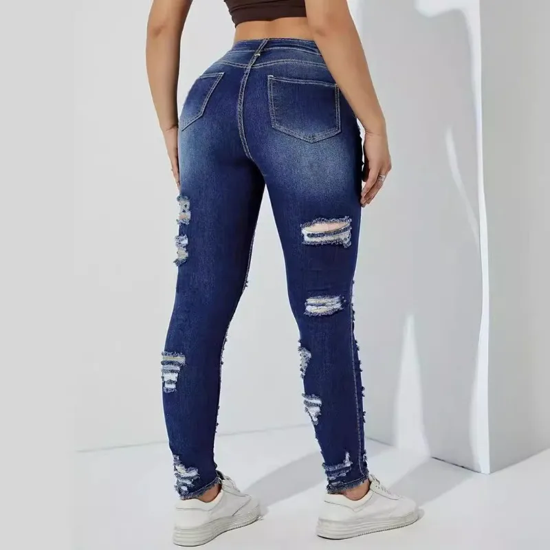 Calças rasgadas de borda áspera para mulheres, jeans de tamanho grande, jeans de cintura alta, lápis elástico