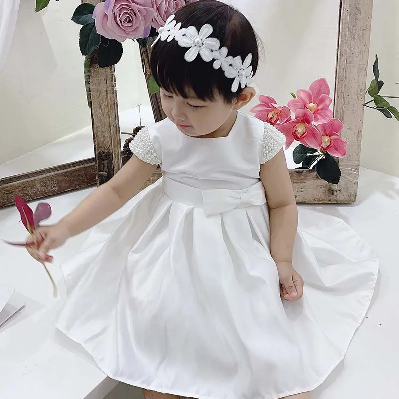 Christening Gown Baby Girl Sleeveless White Pearl Baptism Dress+Headband Christening Outfits Baby Birthday Princess Robe Vestido