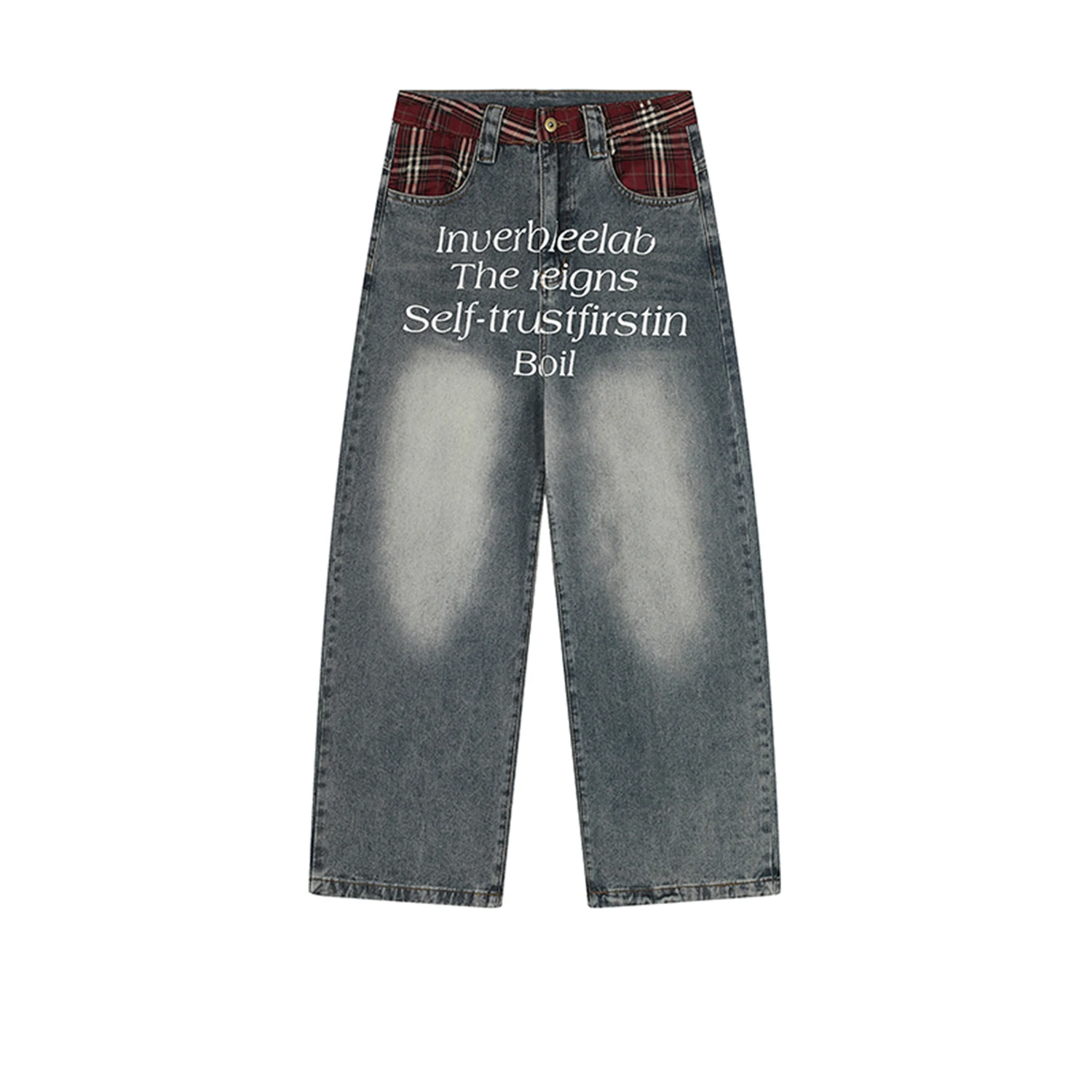 Women's Vintage Baggy Jeans with Plaid Patchwork Letter Print Washed Denim Wide Leg Trousers Streetwear Y2K Casual Fashion Pants