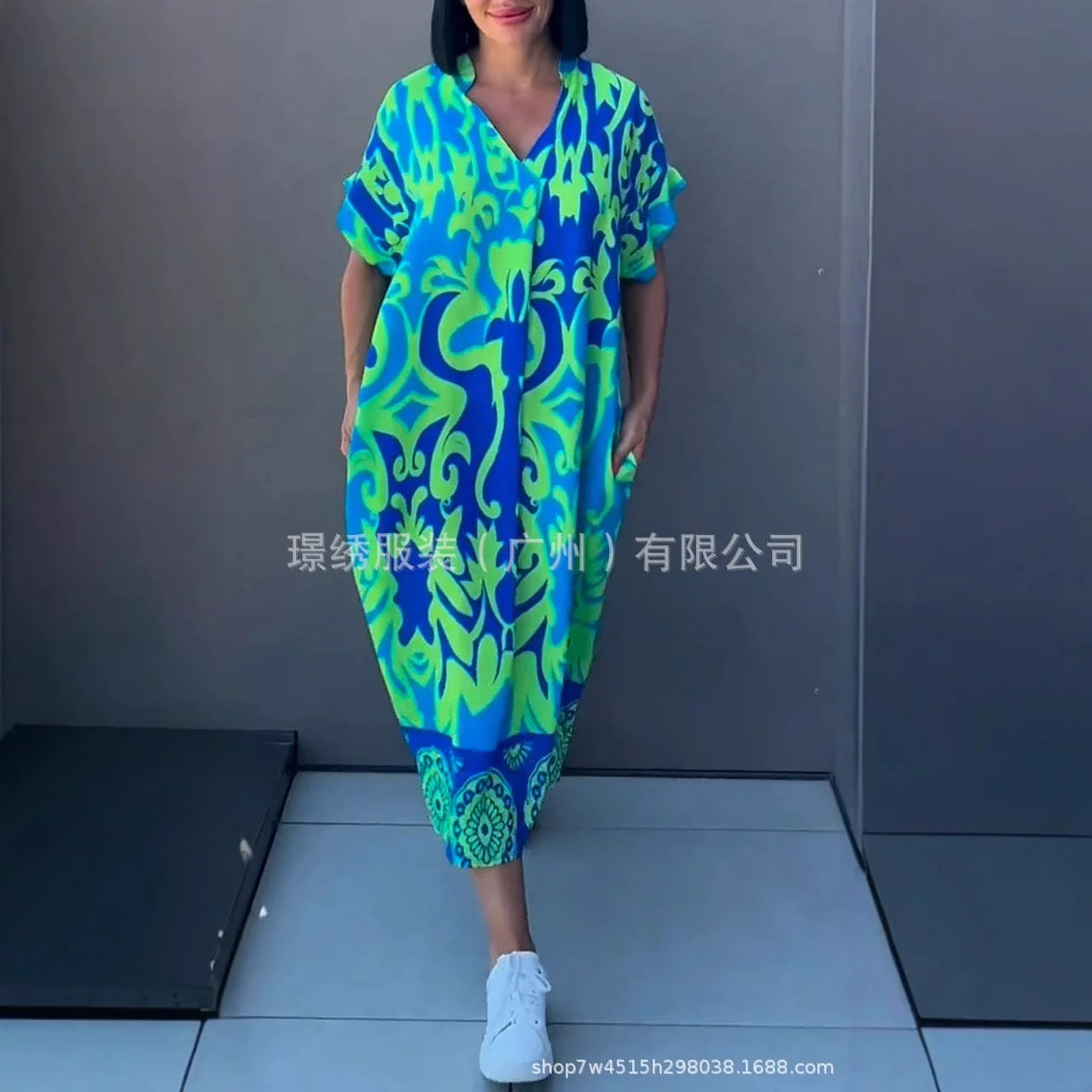 ريترو موضة الربيع الخامس الرقبة فساتين الحفلات امرأة أنيقة الأزهار طباعة ألف خط فستان طويل 2025 الصيف قصيرة الأكمام فضفاضة بوهو فستان