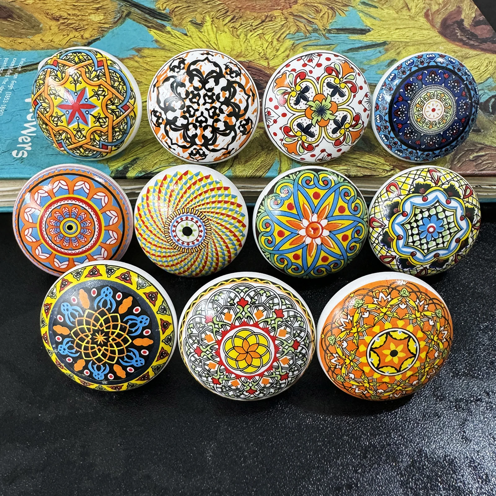 Bohemian Ceramic Cabinet Knob Single Hole Drawer Pull with Metal Base for Furniture Door Retro Hardware Fixture