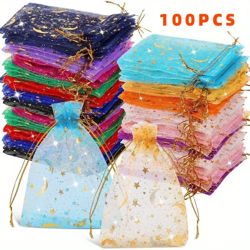 100 sztuk księżyc gwiazdy sznurek torby z organzy biżuteria torby na prezenty woreczki złota gwiazda Organza Favor woreczki na boże narodzenie ślub