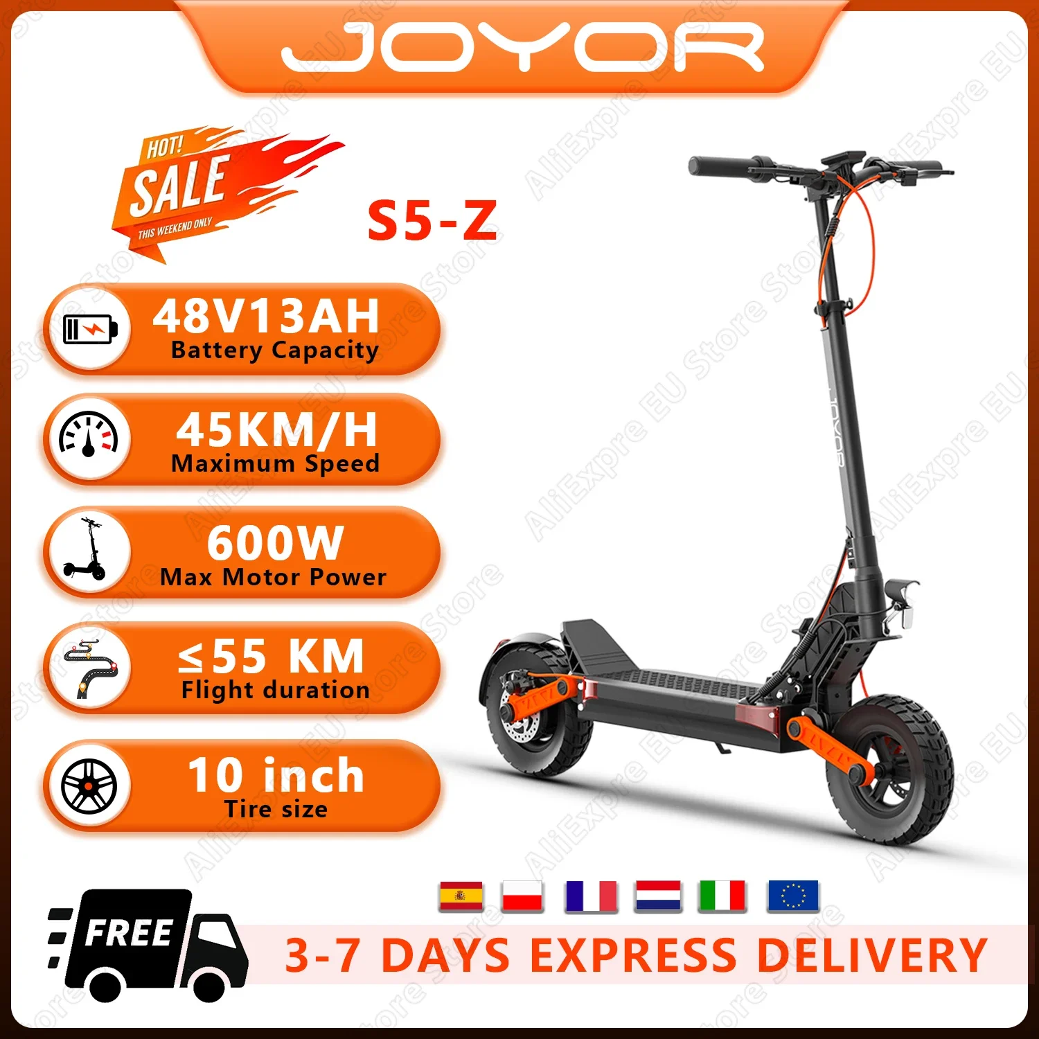 JOYOR S5-Z Scooter elettrici 600W 48V13Ah con indicatori di direzione Scooter elettrico Pneumatico ad aria da 10 pollici Skateboard elettrico ad alta sospensione