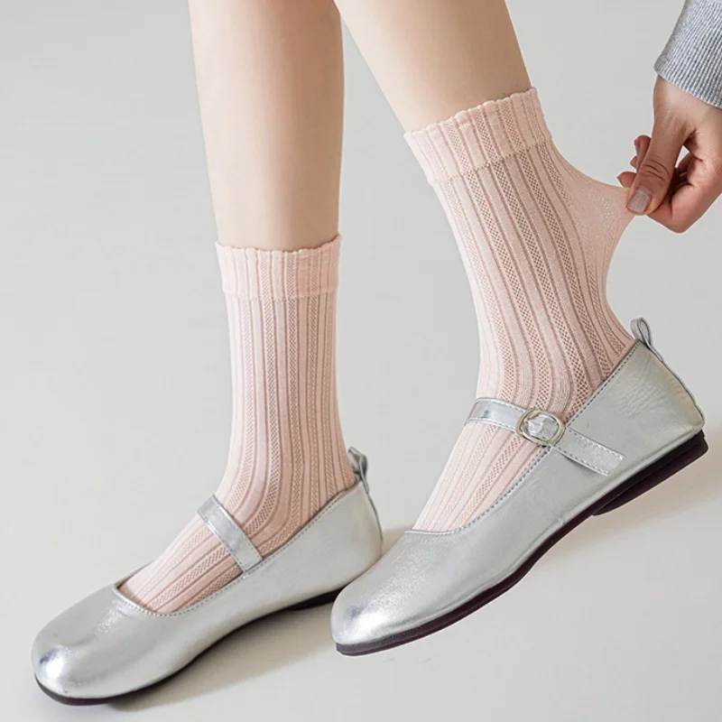 5 Pair Women's Socks  Cotton Solid Color Medium Tube Boneless Thin Section Vertical Stripes Stacked Socks White Socks Black Sock
