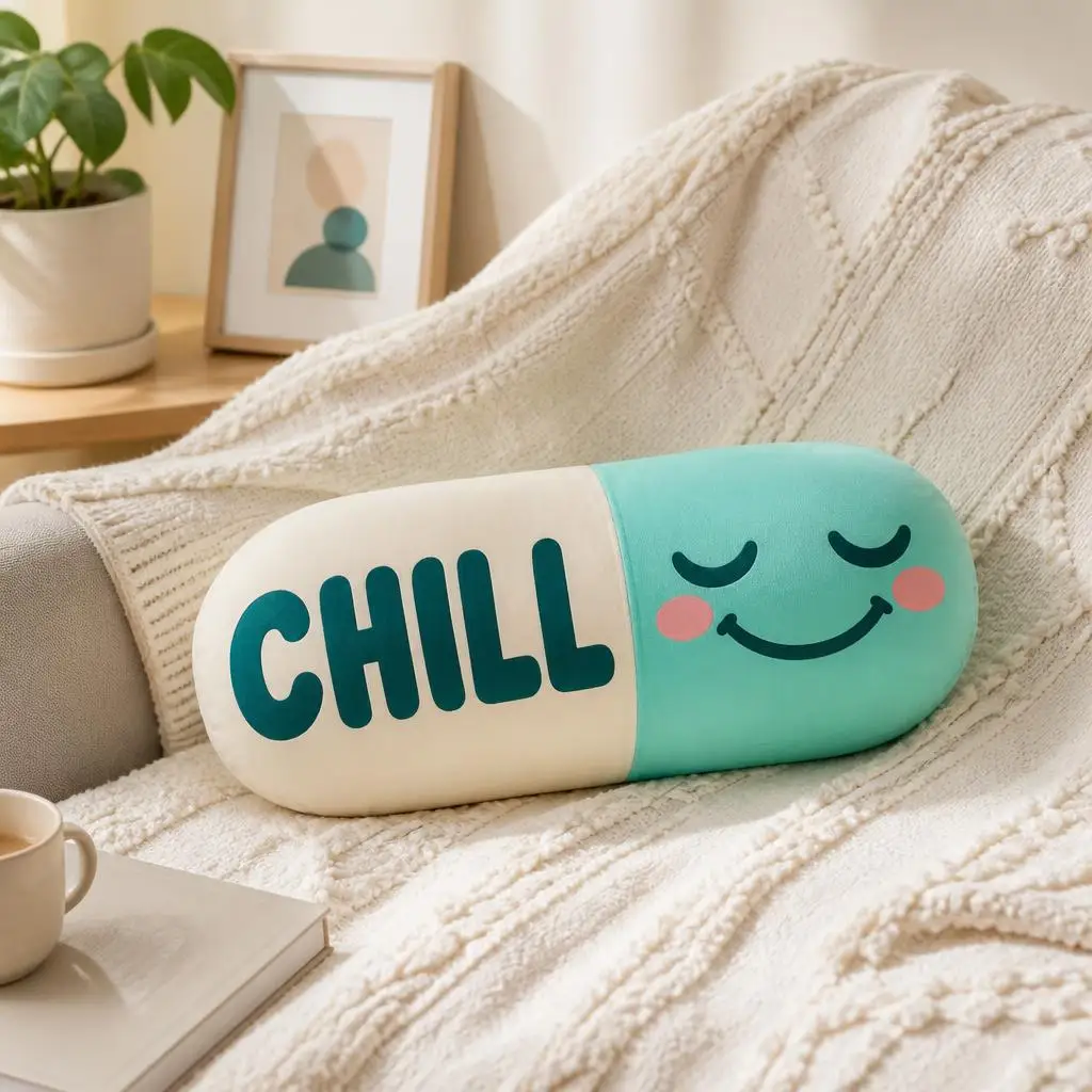 Chill Pill Plush Pillow Funny Relaxation Gift Shaped Capsule Cushion Stuffed Throw Pillow Sofa Bed Home Decor Accent