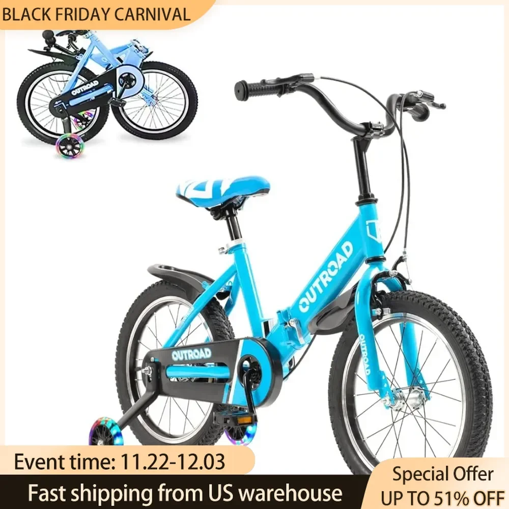 Folding Kids Bike, for 3-9 Years Old Boys and Girls 14/16 Inch Foldable Kids' Toddler Bicycles with Flash Lighting Training Bike