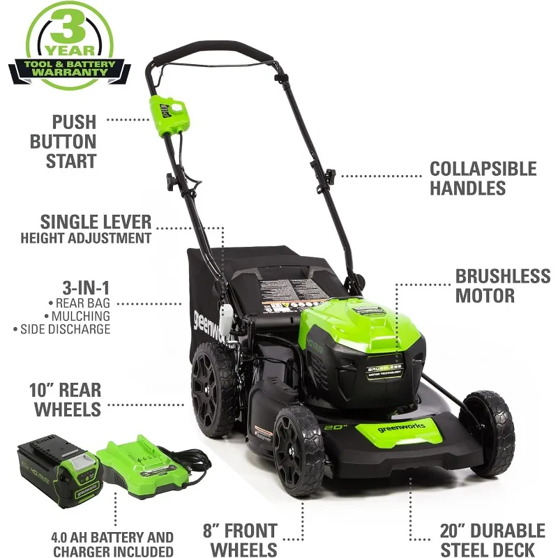 Greenworks 40V 20" Cortacésped inalámbrico Push, soplador de hojas axial 500 CFM / 120 MPH, recortador de hilo de 12" 2 baterías 5Ah + 2Ah cargadores