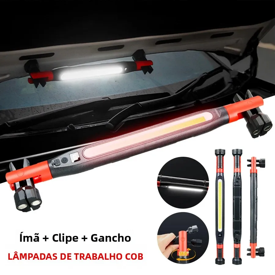 Lanterna de Trabalho LED Recarregável de Alta Luminosidade para Reparos de Emergência em Carros, Lanterna Magnética Poderosa com Ganchos e Base Magnética