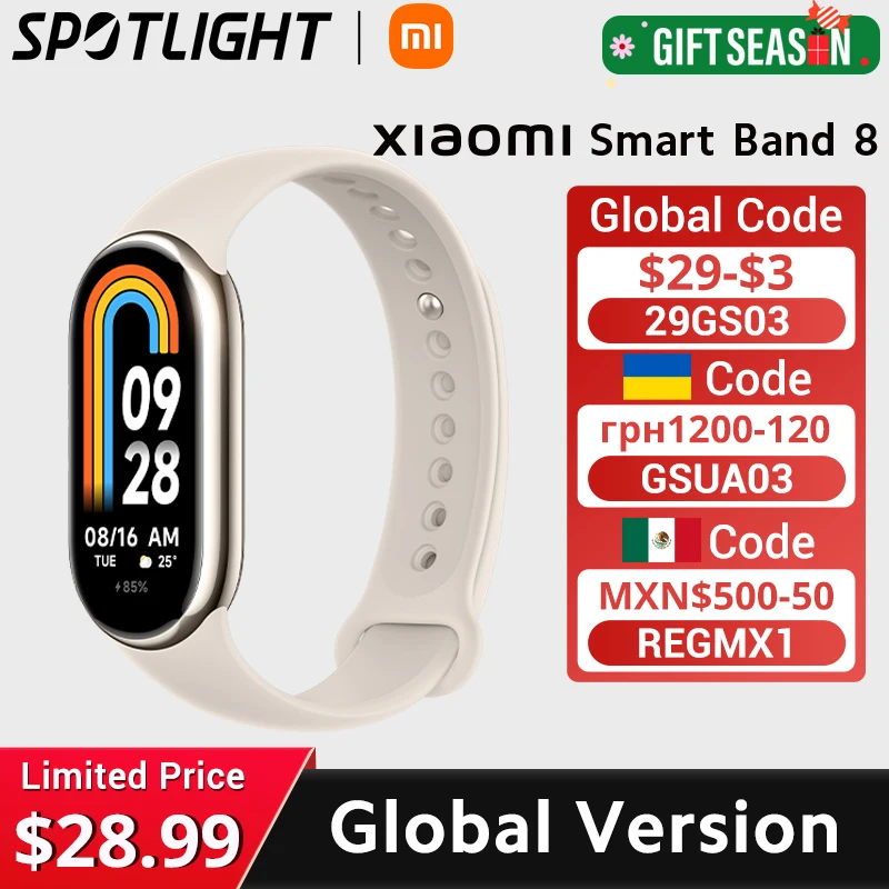 Xiaomi Versão Global Smart Band 8 Monitor de Oxigênio Sanguíneo 1.62 \'\'Tela AMOLED 16 Dias de Vida da Bateria