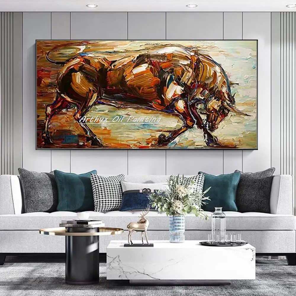 Arthyx,Modern Decorative Pop Art,Handpainted Abstract Animal Bull Oil Painting On Canvas,Wall Picture For Living Room Home Decor