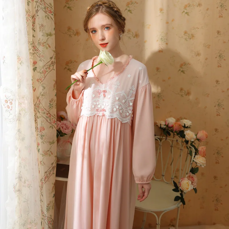 New Women's Long Sleeve Pajamas Spring Autumn Princess Court Style French Sweet Loose Dress Design XL Size Pink Sweet Style Cozy