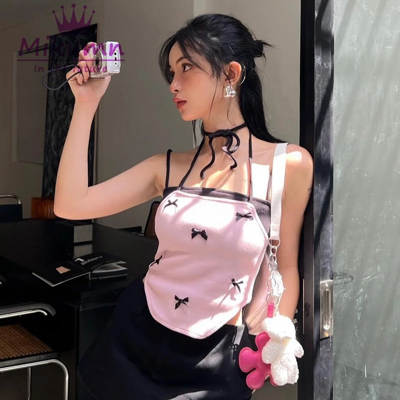 Mikumn Sweet Bow Fake Two Piece Sleeveless Crop Tank Tops Women Korean Fashion Lace-up Camis Vest Cute Y2k Clothes Streetwear