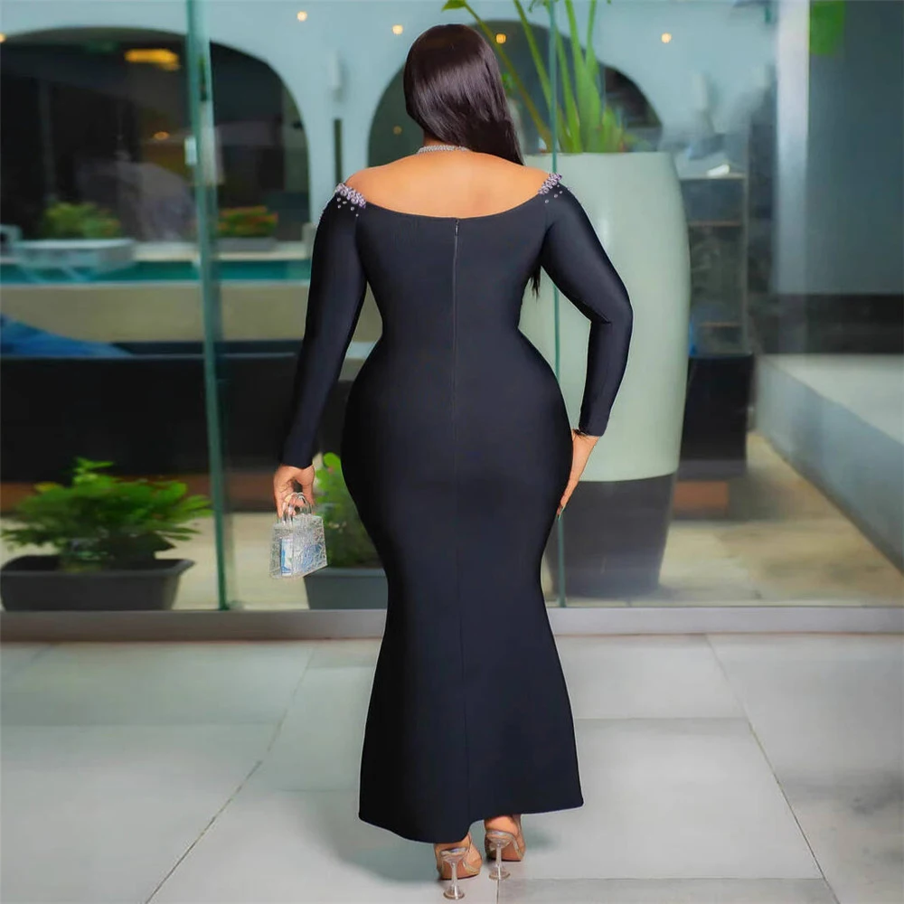 Women Elegant Beading Bandage Dress Sexy Off The Shoulder Long Sleeve Clothes Celebrity Party Trumpet Dresses