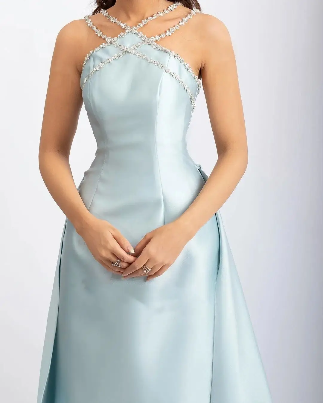 Tailing-Robe de Soirée Élégante en Satin Gris et Bleu pour Femme, Tenue Personnalisée avec Perles, pour Gala, Bal, Mariage, Remise de Diplôme,