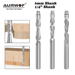 AURWOF-Carboneto sólido Rolamento Router Bits, fresas, End Mill, 2 flautas, Flush Trim, 6mm, 6,35 milímetros Shank, 1 Pc