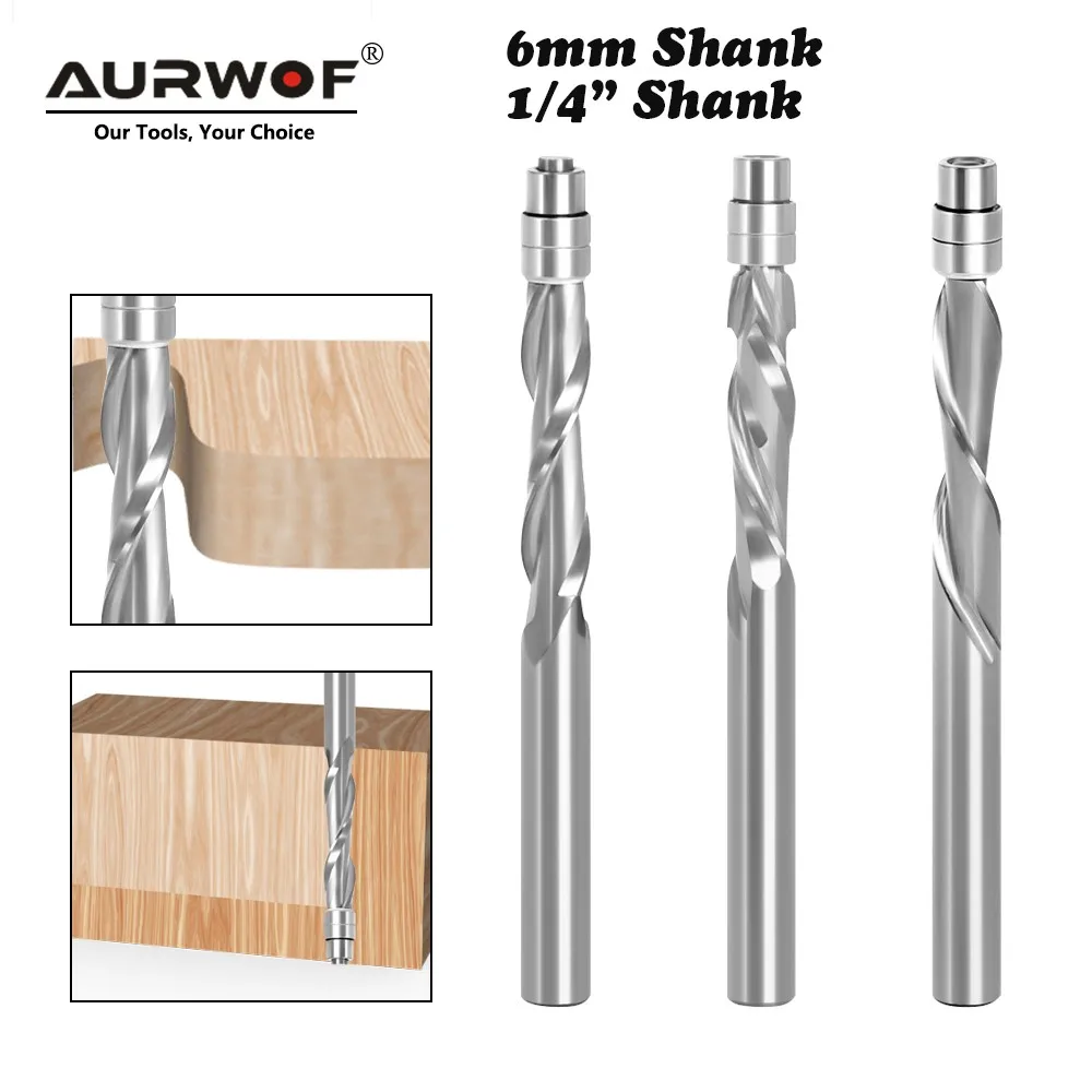 AURWOF 1 PC 6mm 6.35mm Shank Solid Carbide Bearing Guided Two Flute Flush Trim Router Bits Woodworking Milling Cutters End Mill