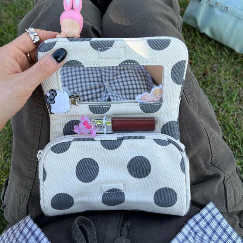Fashion Pink Striped Cosmetic Bag With Mirror Women's Polka Dot Makeup Pouch Portable Travel Lipstick Toiletry Storage Bag