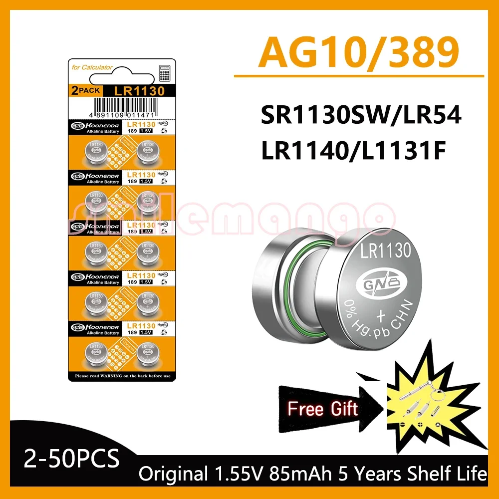 NEW 2-50PCS AG10 LR54 1.55V 85mAh Cell Coin  SR54 389 G10189 LR1130 SR1130 V10GA Alkaline Button Batteries for Watch Toys Remote