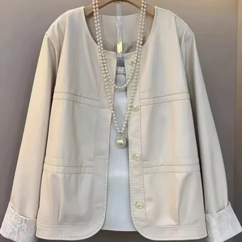 2025 outono novas mulheres jaqueta de couro do plutônio rendas punhos soltos jaquetas de manga comprida feminino xiaoxiangfen casaco de couro fashionstop