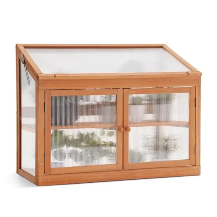 Wooden cold frame garden greenhouse for outdoor use, natural wood color, durable weather-resistant construction