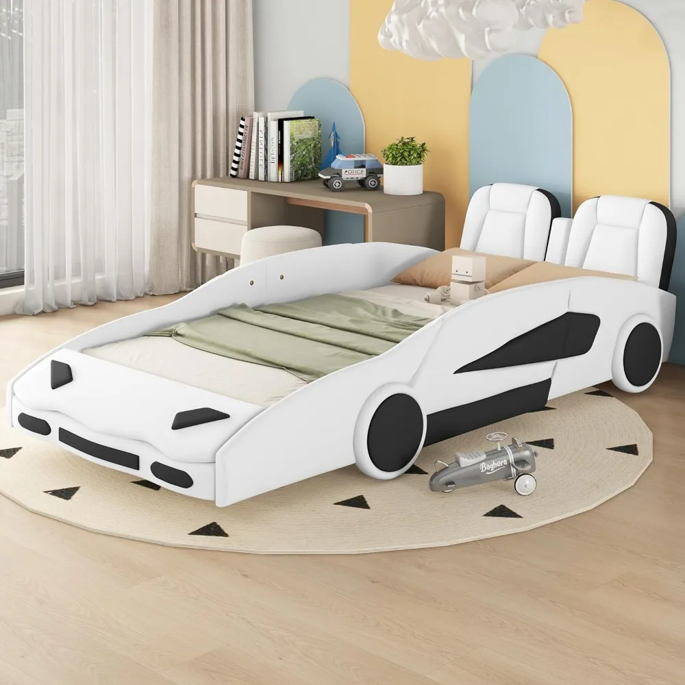 Cama de coche de carreras de tamaño doble para niños, marco de cama de coche fresco con ruedas para niños, cama doble con barandilla para niños