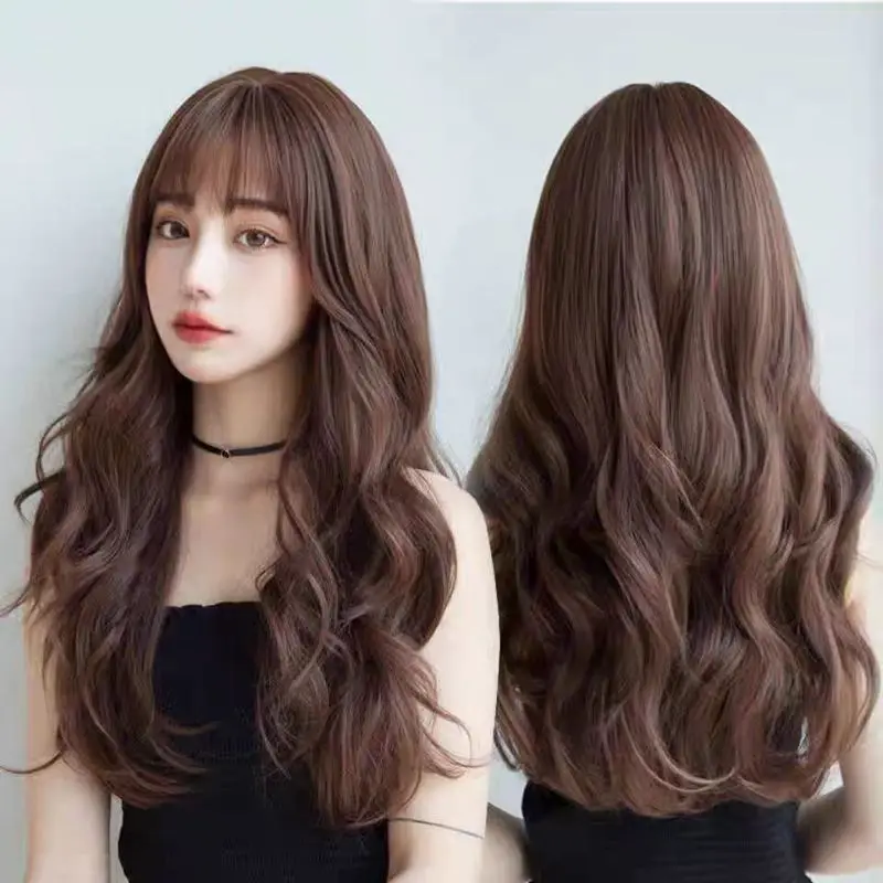 Cross-border new Japanese and Korean style air bangs long curly wavy , high-temperature fiber wig, full headpiece