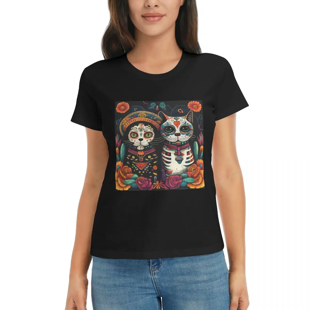 

Женская футболка с принтом «День мертвых», котенок, сахарный скелет, День мертвых, летние футболки, хлопковые футболки с круглым вырезом, одежда, топы
