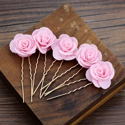 5 PCS Handmade Pink White Rose Flower Wedding Hair Pin And Clip Bridesmaid Women Hairpins For Bridal Hair Accessories